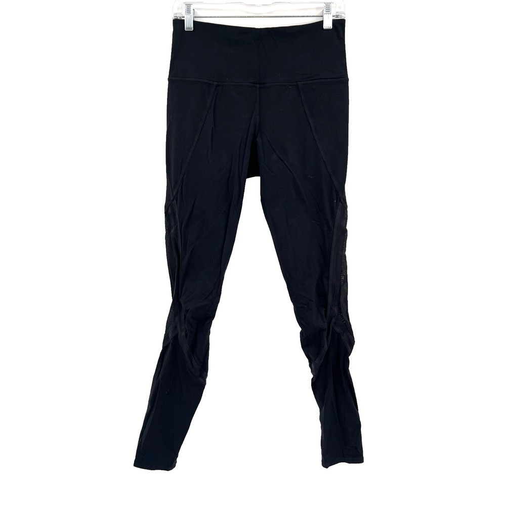 ATHLETA Womens Sz M Black High-Rise Full-Length Mesh Panel Leggings Media Pocket